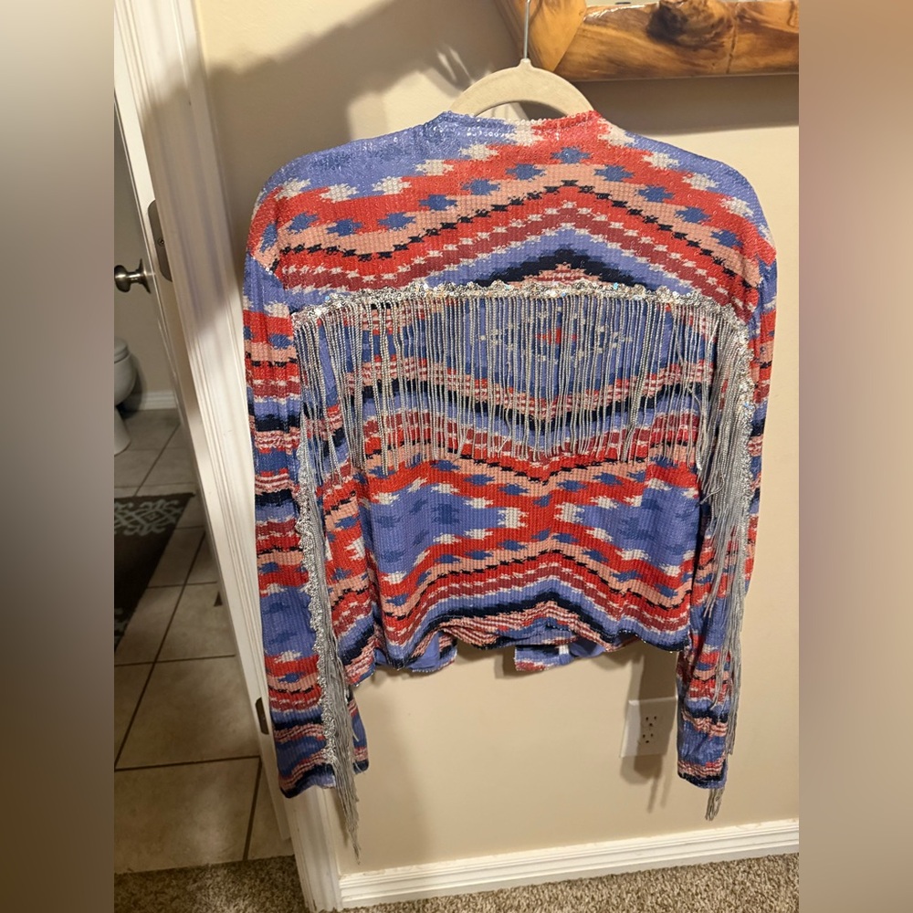 Double D Ranch Silver-Fringed Aztec Knit Jacket in Blue & Red